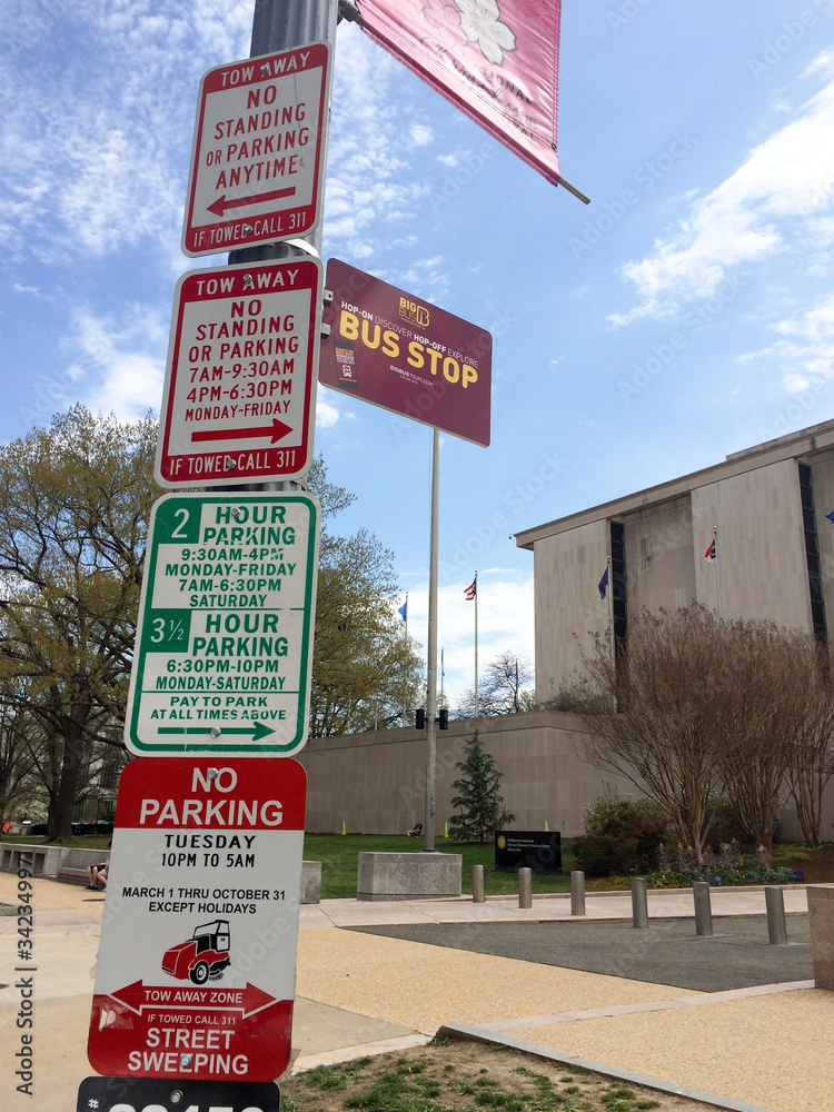 No parking street signs clutterr america washington dc Stock Photo
