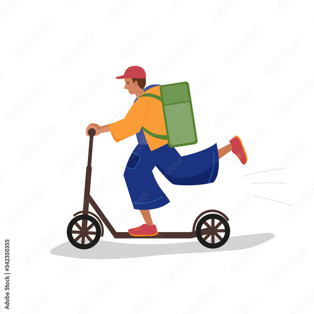 Boy-courier in flat style delivers food riding a scooter.Vector isolated illustration in cartoon style .