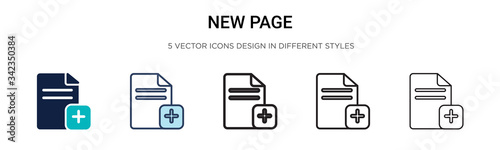 New page icon in filled, thin line, outline and stroke style. Vector illustration of two colored and black new page vector icons designs can be used for mobile, ui, web