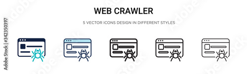 Web crawler icon in filled, thin line, outline and stroke style. Vector illustration of two colored and black web crawler vector icons designs can be used for mobile, ui, web