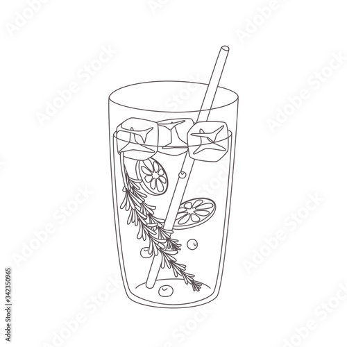 Vector illustration of  lemonade in a glass with straw, ice cubes, rosemary, blueberry and lemon or orange. Expanded stroke. Isolated on white background.