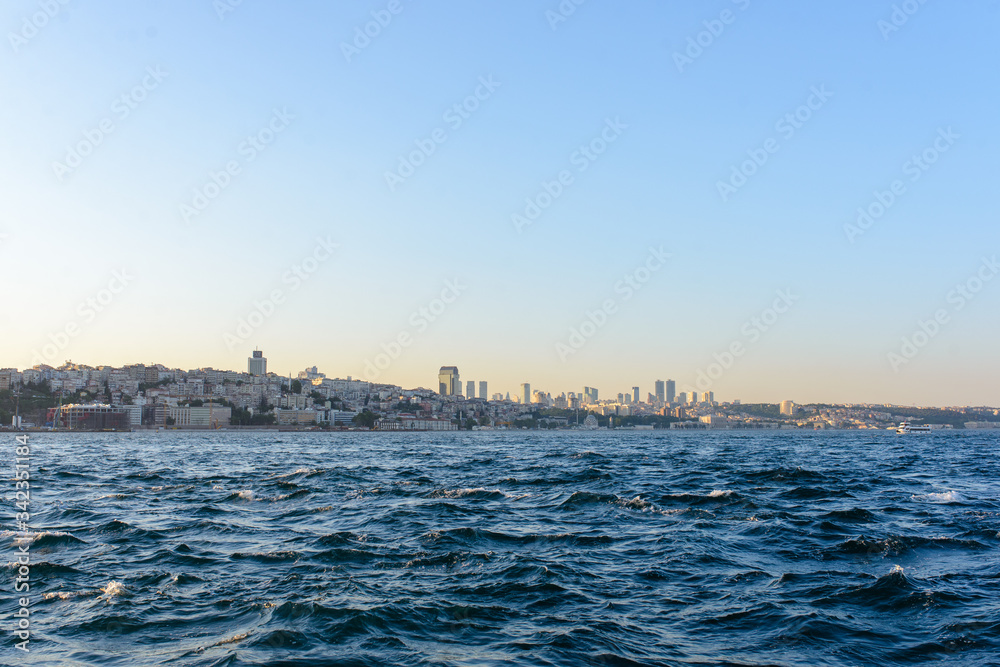 View of the left bank of Turkey through the Bosphorus. Turkey, Istanbul 08/23/2019