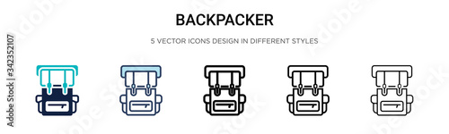 Backpacker icon in filled, thin line, outline and stroke style. Vector illustration of two colored and black backpacker vector icons designs can be used for mobile, ui, web