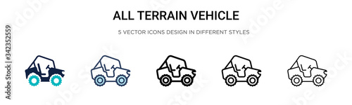 All terrain vehicle icon in filled, thin line, outline and stroke style. Vector illustration of two colored and black all terrain vehicle vector icons designs can be used for mobile, ui, web