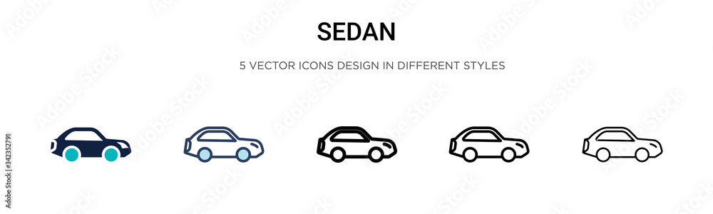 Sedan icon in filled, thin line, outline and stroke style. Vector illustration of two colored and black sedan vector icons designs can be used for mobile, ui, web