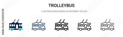 Trolleybus icon in filled, thin line, outline and stroke style. Vector illustration of two colored and black trolleybus vector icons designs can be used for mobile, ui, web