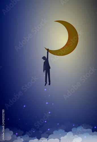 boy shadow or silhouette holds moon, man hanging on the moon, life in dreams concept, dream story concept,