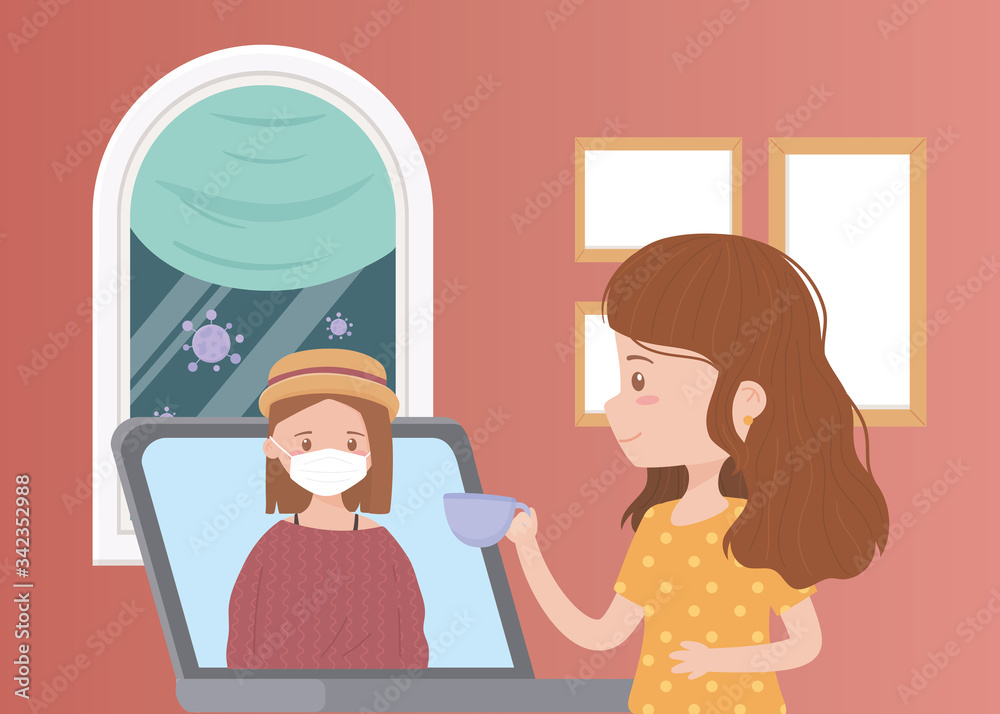 stay at home, woman and girl laptop video call talking in the room stay at home, woman and girl laptop video call talking in the room