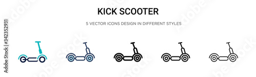 Kick scooter icon in filled, thin line, outline and stroke style. Vector illustration of two colored and black kick scooter vector icons designs can be used for mobile, ui, web