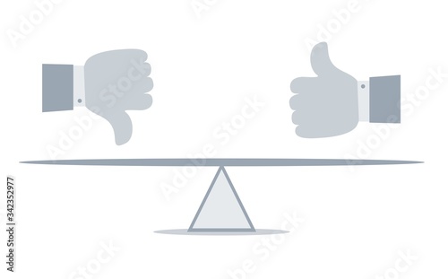 Thumbs up and thumbs down, like and dislike concept. Seesaw balance concept. Vector flat design illustration.