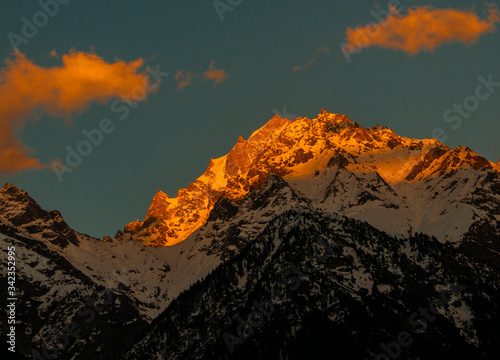 A sunset view of Kinner Kailash Ranges, the Abode of Lord Shiva., the Himalayas, at Himachal Pradesh in India. 