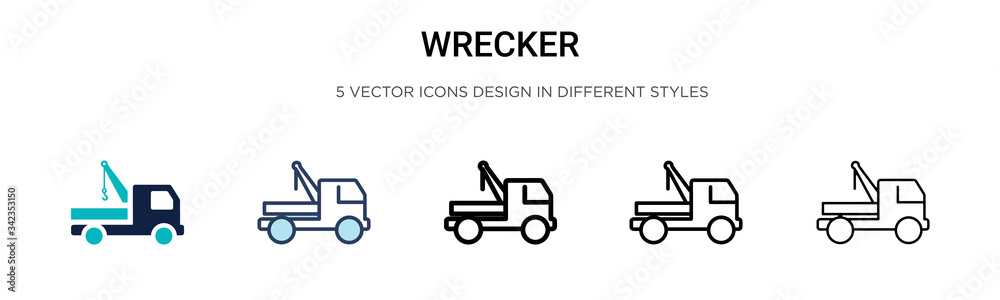 Wrecker icon in filled, thin line, outline and stroke style. Vector illustration of two colored and black wrecker vector icons designs can be used for mobile, ui, web