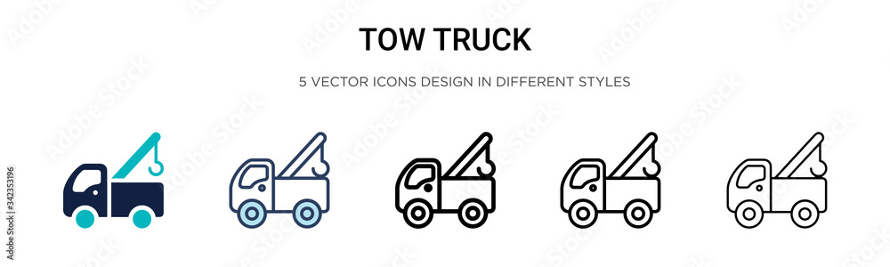 Tow truck icon in filled, thin line, outline and stroke style. Vector illustration of two colored and black tow truck vector icons designs can be used for mobile, ui, web