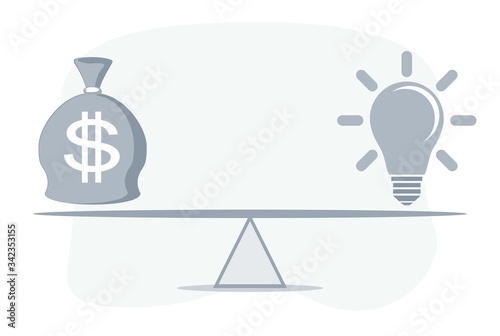 Lightbulb and dollars on balance. Idea and money bag balanced on scales. Idea is money. Business concept. Vector flat design illustration.
