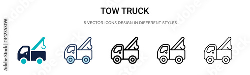 Tow truck icon in filled, thin line, outline and stroke style. Vector illustration of two colored and black tow truck vector icons designs can be used for mobile, ui, web