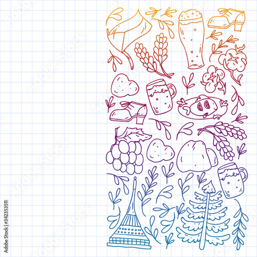 Vector pattern with symbols of Czech Republic. Set with tourism icons and landscapes elements. Travel to country. City, cathedral, building, European architecture. Illustration with landmarks