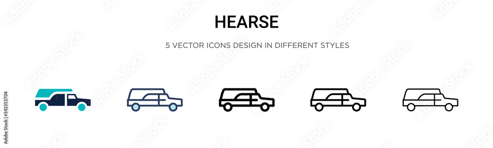 Hearse icon in filled, thin line, outline and stroke style. Vector illustration of two colored and black hearse vector icons designs can be used for mobile, ui, web
