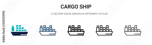 Cargo ship icon in filled, thin line, outline and stroke style. Vector illustration of two colored and black cargo ship vector icons designs can be used for mobile, ui, web