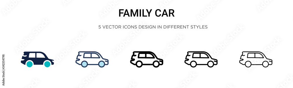 Family car icon in filled, thin line, outline and stroke style. Vector illustration of two colored and black family car vector icons designs can be used for mobile, ui, web