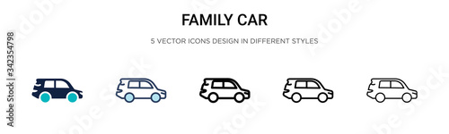 Family car icon in filled  thin line  outline and stroke style. Vector illustration of two colored and black family car vector icons designs can be used for mobile  ui  web