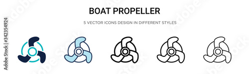 Boat propeller icon in filled, thin line, outline and stroke style. Vector illustration of two colored and black boat propeller vector icons designs can be used for mobile, ui, web