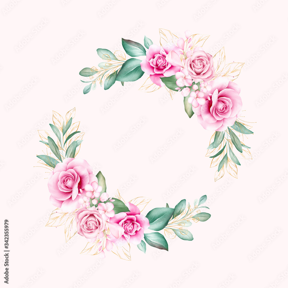 Round watercolor floral wreath. Botanic decoration illustration of peach roses and blue flowers, leaves, branches. Botanic elements for wedding or greeting card design vector