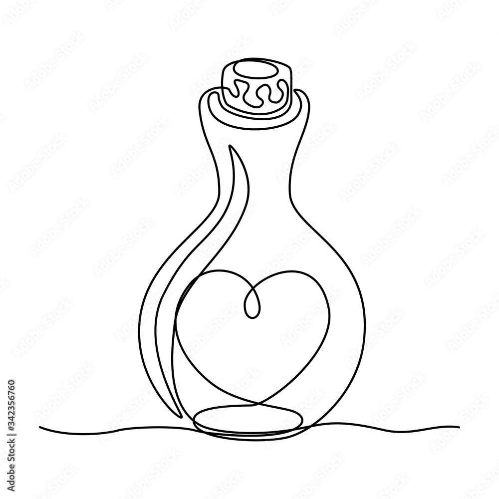 Continuous line drawing. Bottle with a heart inside. Template for love cards and invitations. Isolated on white background. Hand drawn vector illustration. 