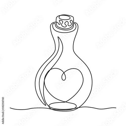 Continuous line drawing. Bottle with a heart inside. Template for love cards and invitations. Isolated on white background. Hand drawn vector illustration. 