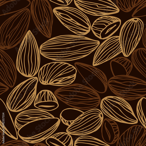 abstract seamless pattern of a set of almond kernels, for menu design or confectionery, textiles, vector illustration with colored contour lines on a chocolate background in doodle & hand drawn style