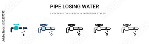 Pipe losing water icon in filled, thin line, outline and stroke style. Vector illustration of two colored and black pipe losing water vector icons designs can be used for mobile, ui, web