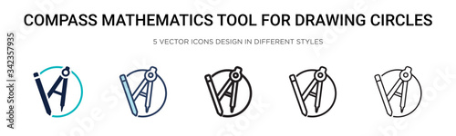 Compass mathematics tool for drawing circles icon in filled, thin line, outline and stroke style. Vector illustration of two colored and black compass mathematics tool for drawing circles vector