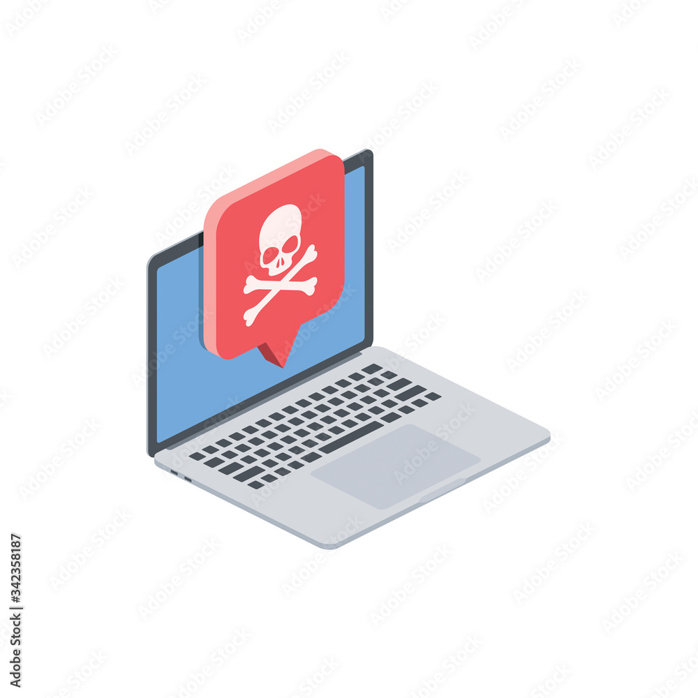 Laptop chat bubble danger hack message. Vector 3d isometric, color web icon, new flat style. Creative illustration design, isolated graphic idea for infographics.