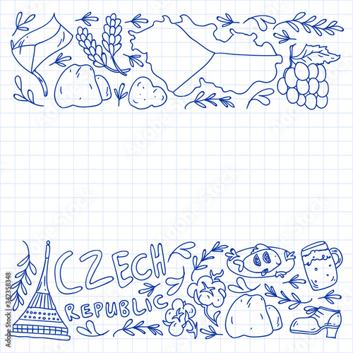 Vector pattern with symbols of Czech Republic. Set with tourism icons and landscapes elements. Travel to country. City, cathedral, building, European architecture. Illustration with landmarks