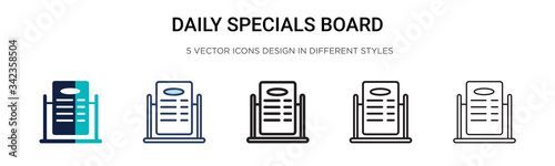 Daily specials board icon in filled, thin line, outline and stroke style. Vector illustration of two colored and black daily specials board vector icons designs can be used for mobile, ui, web