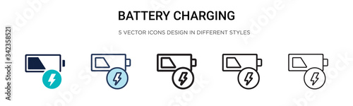 Battery charging icon in filled, thin line, outline and stroke style. Vector illustration of two colored and black battery charging vector icons designs can be used for mobile, ui, web