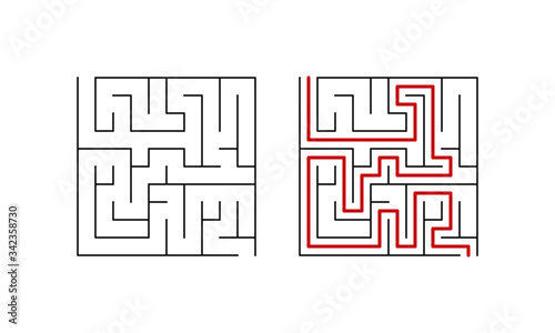 Labyrinth maze game for children home activity. Simple puzzle with solution. Vector illustration.