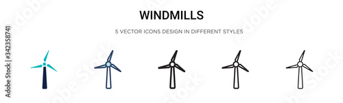 Windmills icon in filled, thin line, outline and stroke style. Vector illustration of two colored and black windmills vector icons designs can be used for mobile, ui, web
