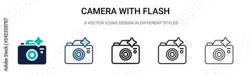 Camera with flash icon in filled, thin line, outline and stroke style. Vector illustration of two colored and black camera with flash vector icons designs can be used for mobile, ui, web