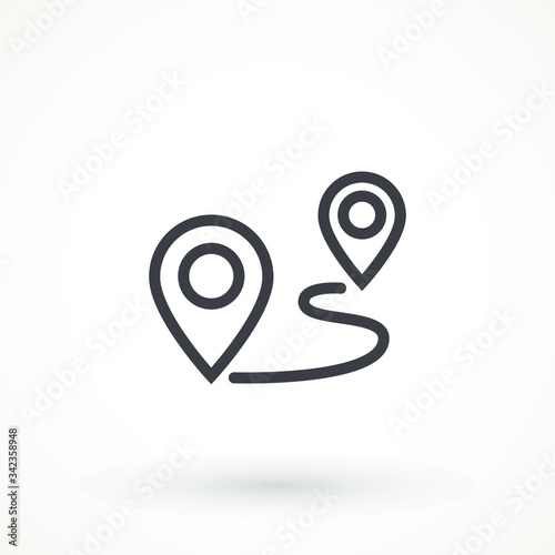 Navigation vector icon. GPS navigation . Distance Travelling Roadway Route location icon, two map pin sign and road or path, start and end journey symbol isolated on white