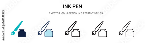 Ink pen icon in filled, thin line, outline and stroke style. Vector illustration of two colored and black ink pen vector icons designs can be used for mobile, ui, web