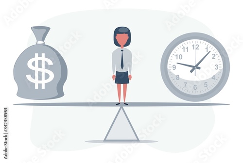 Woman standing on seesaw between clock and bag with dollar symbol and balancing money and time. Vector flat design illustration.