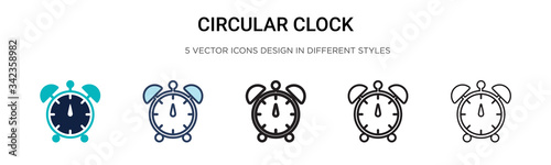 Circular clock icon in filled, thin line, outline and stroke style. Vector illustration of two colored and black circular clock vector icons designs can be used for mobile, ui, web