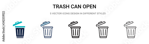 Trash can open icon in filled, thin line, outline and stroke style. Vector illustration of two colored and black trash can open vector icons designs can be used for mobile, ui, web