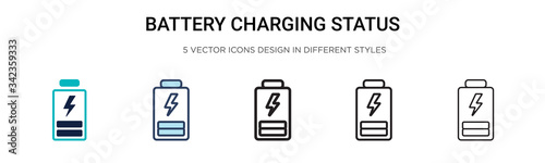 Battery charging status icon in filled, thin line, outline and stroke style. Vector illustration of two colored and black battery charging status vector icons designs can be used for mobile, ui, web