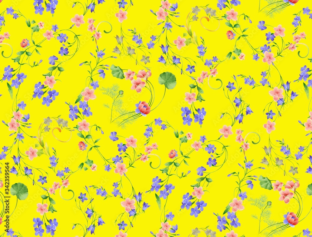 Illustration with seamless pattern floral design. Beautiful seamless pattern on colored background with tropical flowers and plants. Composition with flowers and leaves. Stylish print for textile.