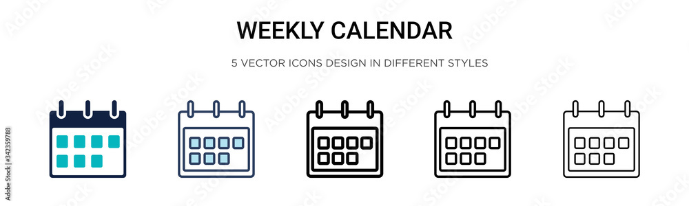 Weekly calendar icon in filled, thin line, outline and stroke style. Vector illustration of two colored and black weekly calendar vector icons designs can be used for mobile, ui, web - obrazy, fototapety, plakaty 