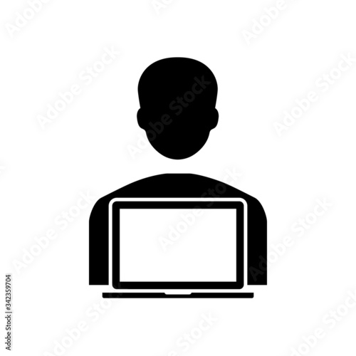 working on laptop vector line icon. User illustration sign. person symbol. man logo.