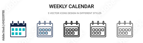 Weekly calendar icon in filled, thin line, outline and stroke style. Vector illustration of two colored and black weekly calendar vector icons designs can be used for mobile, ui, web