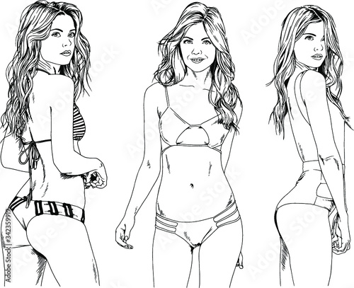 vector drawings on the theme of beautiful slim sporty girl in casual clothes in various poses painted ink hand sketch with no background