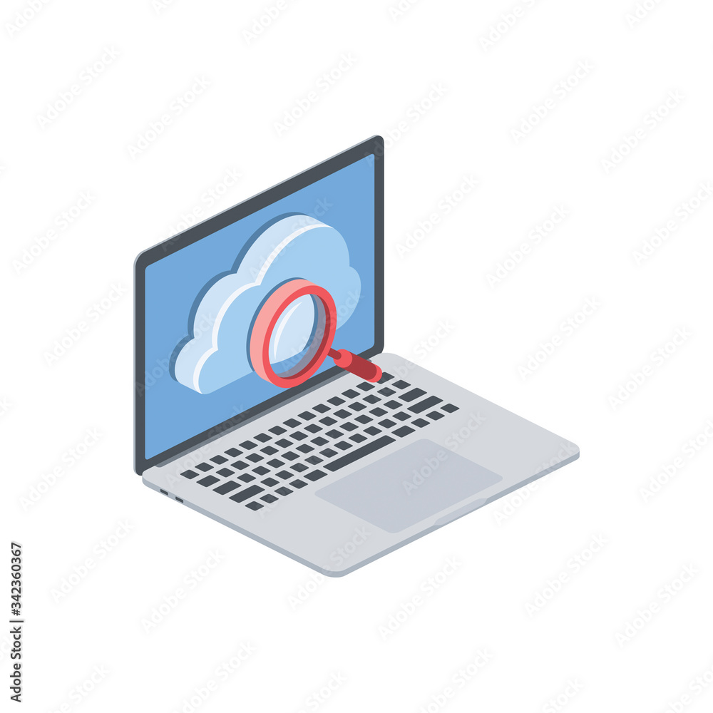 Laptop cloud magnifier search analysis. Vector 3d isometric, color web icon, new flat style. Creative illustration design, isolated graphic idea for infographics. Laptop cloud magnifier search analysis. Vector 3d isometric, color web icon, new flat style. Creative illustration design, isolated graphic idea for infographics.
